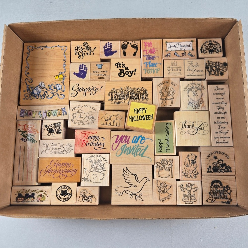 Vintage Wood Mounted Rubber Stamps Lot 40+ Baby Wedding Holiday Sentiments